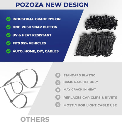 120 Pack POZOZA Nylon Universal Cable Tie Buckle - Zipper Clips For Car - Zip Tie Clips Automotive - Fasteners Clips - Heavy Duty Self - Locking Zipper Clips with Pin & Button